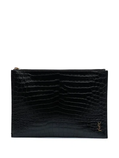 Pre-owned Saint Laurent 2019 Croc Embossed Leather Tiny Monogram Zipped Tablet Holder Clutch Bag In Black