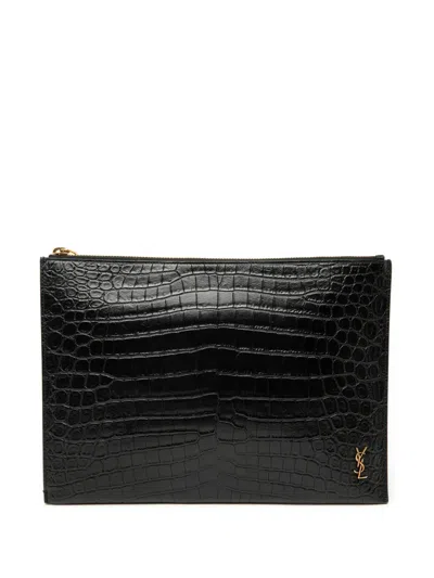 Pre-owned Saint Laurent 2019 Croc Embossed Leather Tiny Monogram Zipped Tablet Holder Clutch Bag In Black