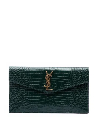 Pre-owned Saint Laurent 2019 Croc Embossed Leather Uptown Pouch Clutch Bag In Black