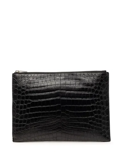 Pre-owned Saint Laurent 2019 Crocodile Embossed Leather Zipped Tablet Holder Clutch Bag In Black