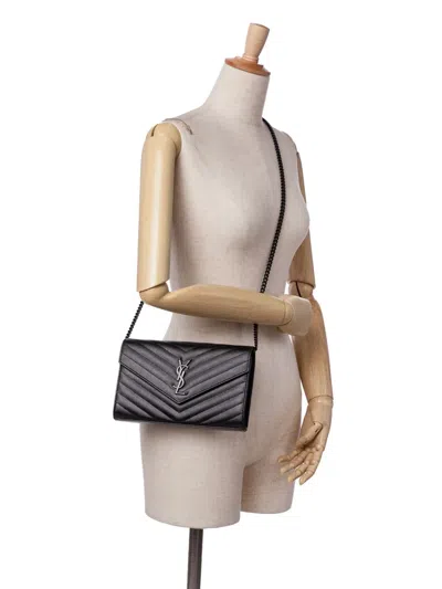 Pre-owned Saint Laurent 2019 Grain De Poudre Chevron Monogram Monochrome Envelope Chain Wallet Crossbody Bag