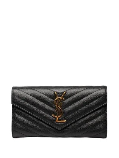 Pre-owned Saint Laurent 2019 Grain De Poudre Matelasse Chevron Monogram Flap Wallet Long Wallets In Black