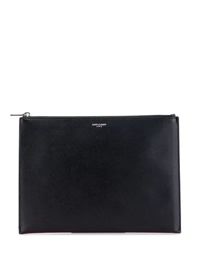 Pre-owned Saint Laurent 2019 Grain De Poudre Zipped Tablet Holder Clutch Bag In Black
