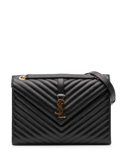 Pre-owned Saint Laurent 2019 Large Grain De Poudre Monogram Chevron Envelope Bag Shoulder Bag In Black