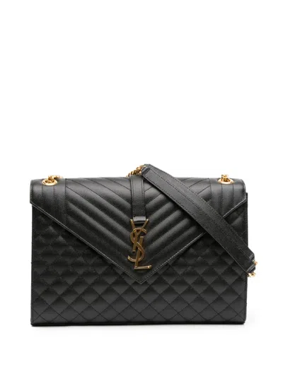 Pre-owned Saint Laurent 2019 Large Grain De Poudre Triquilt Monogram Envelope Bag Shoulder Bag In Black