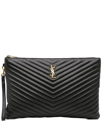 Pre-owned Saint Laurent 2019 Leather Chevron Monogram Document Holder Clutch Bag