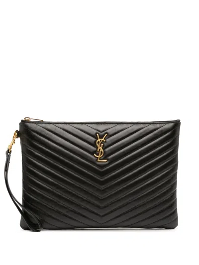 Pre-owned Saint Laurent 2019 Leather Chevron Monogram Document Holder Clutch Bag In Black
