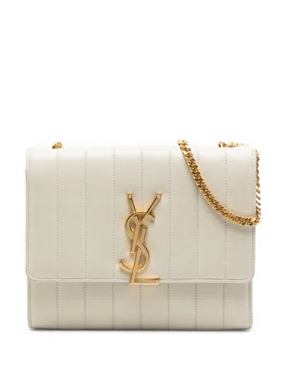 Pre-owned Saint Laurent 2019 Matelasse Lambskin Monogram Vicky Chain Wallet Crossbody Bag In White