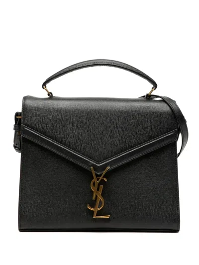 Pre-owned Saint Laurent 2019 Medium Grain De Poudre Classic Monogram Cassandra Top Handle Bag Satchel In Black