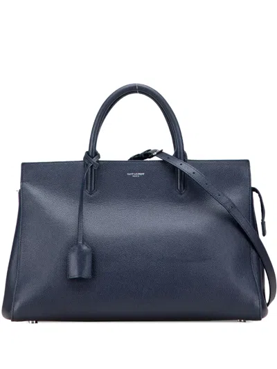 Pre-owned Saint Laurent 2019 Medium Grained Calfskin Cabas Rive Gauche Satchel In Blue