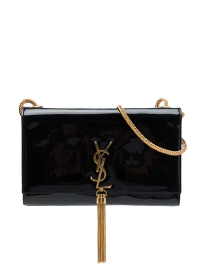 Pre-owned Saint Laurent 2019 Medium Patent Classic Monogram Kate Tassel Crossbody Bag In Black