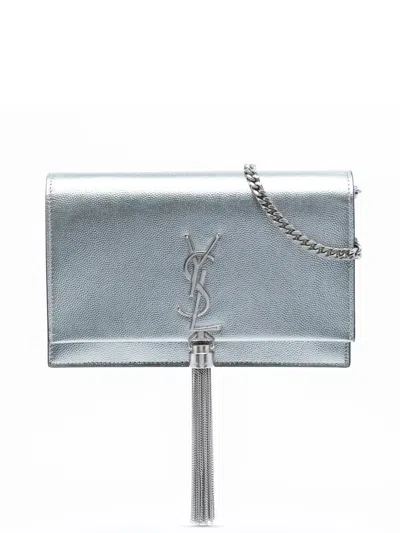 Pre-owned Saint Laurent 2019 Metallic Grain De Poudre Monogram Kate Tassel Wallet On Chain Crossbody Bag In Silver