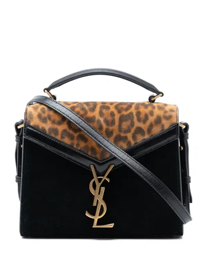 Pre-owned Saint Laurent 2019 Mini Suede Leopard Print Monogram Cassandra Top Handle Bag Satchel In Black