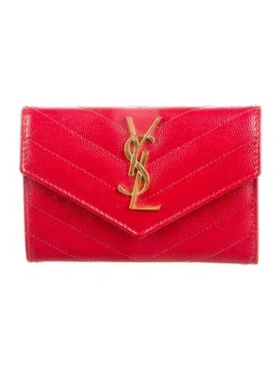 Pre-owned Saint Laurent 2019 Monogram Matelassé Small Envelope Compact Wallet In Red