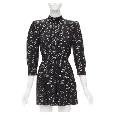 Pre-owned Saint Laurent 2019 Musical Note Silver Embroidered Puff Sleeve Mini Dress Fr34 In Black