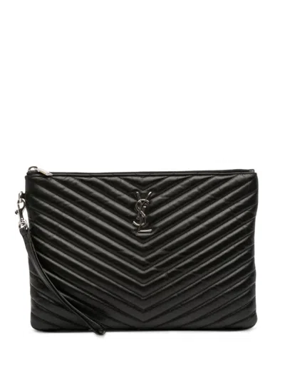 Pre-owned Saint Laurent 2019 Quilted Chevron Leather Monogram Document Holder Clutch Bag In Black
