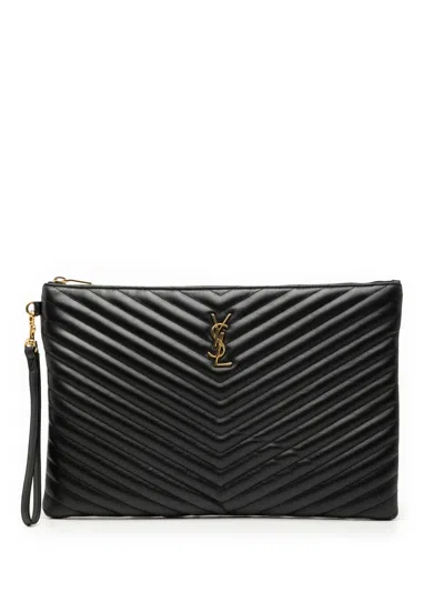 Pre-owned Saint Laurent 2019 Quilted Chevron Leather Monogram Document Holder Clutch Bag In Black