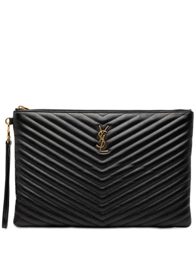 Pre-owned Saint Laurent 2019 Quilted Chevron Leather Monogram Document Holder Clutch Bag In Black