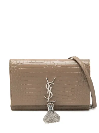 Pre-owned Saint Laurent 2019 Small Croc Embossed Leather Monogram Kate Tassel Wallet On Chain Crossbody Bag In Brown
