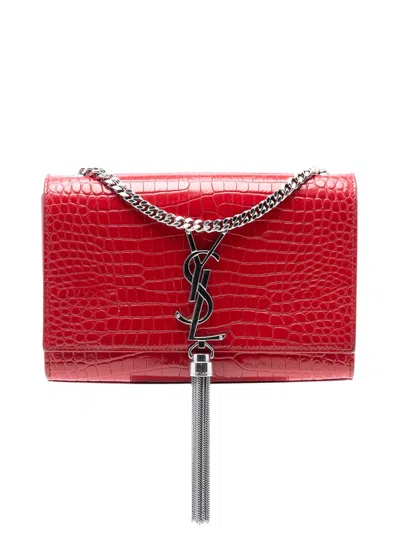 Pre-owned Saint Laurent 2019 Small Embossed Leather Kate Tassel Crossbody Bag In Red