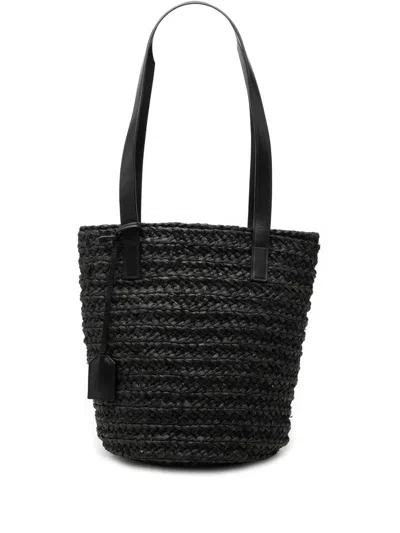 Pre-owned Saint Laurent 2019 Small Raffia Panier Tote Bag In Black
