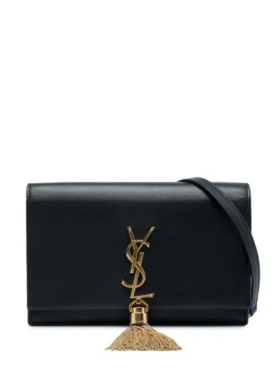 Pre-owned Saint Laurent 2019 Smooth Calfskin Monogram Kate Tassel Chain Wallet Crossbody Bag In Black
