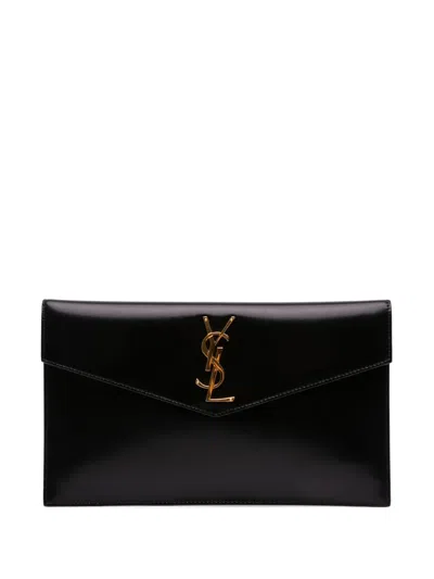 Pre-owned Saint Laurent 2019 Smooth Shiny Calfskin Monogram Uptown Pouch Clutch Bag