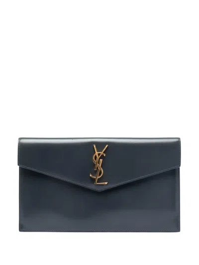 Pre-owned Saint Laurent 2019 Smooth Shiny Calfskin Monogram Uptown Pouch Clutch Bag In Gray