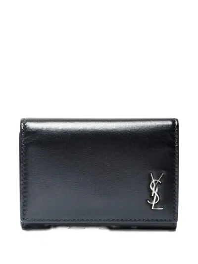 Pre-owned Saint Laurent 2020-2025 Logo-plaque Leather Key Case In Black