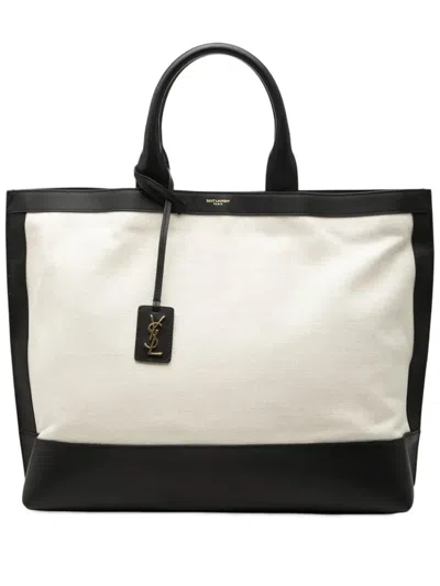 Pre-owned Saint Laurent 2020 Bicolor Canvas And Leather Cabas Tote Bag In White