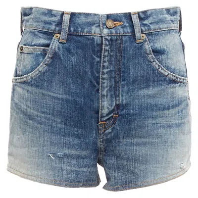 Pre-owned Saint Laurent 2020 Blue Distressed Washed Denim High Waisted Shorts 29"