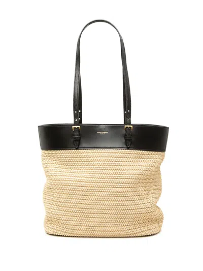 Pre-owned Saint Laurent 2020 Boucle Raffia Shopper Tote Bag In Black
