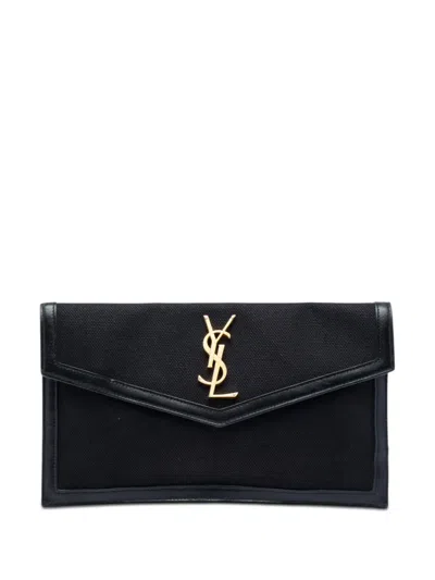 Pre-owned Saint Laurent 2020 Canvas Monogram Uptown Pouch Clutch Bag In Black