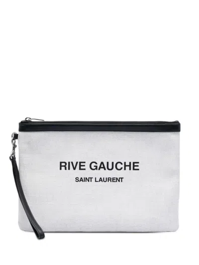 Pre-owned Saint Laurent 2020 Canvas Rive Gauche Wristlet Clutch Bag In White