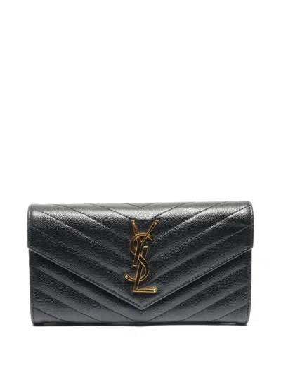 Pre-owned Saint Laurent 2020 Cassandre Chevron-quilted Wallet In Black