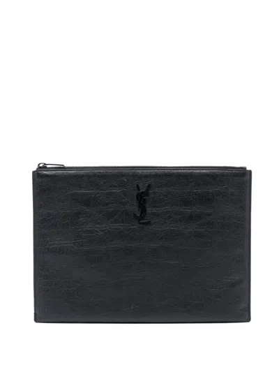 Pre-owned Saint Laurent 2020 Croc Embossed Leather Monogram Clutch Bag In Black