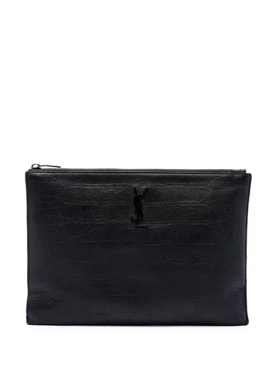 Pre-owned Saint Laurent 2020 Croc Embossed Leather Monogram Ipad Case Clutch Bag In Black
