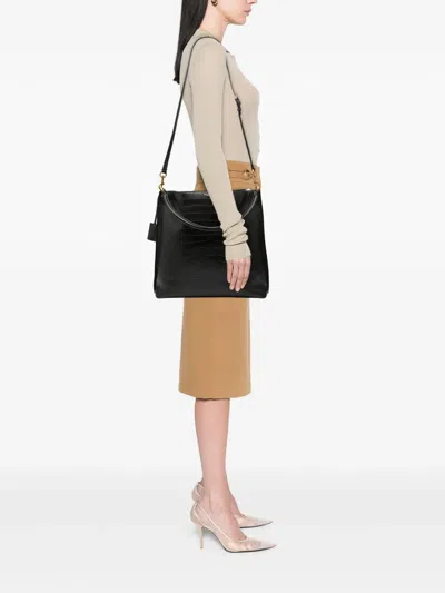 Pre-owned Saint Laurent 2020 Croc Embossed Leather Tag Hobo Bag Satchel In Black