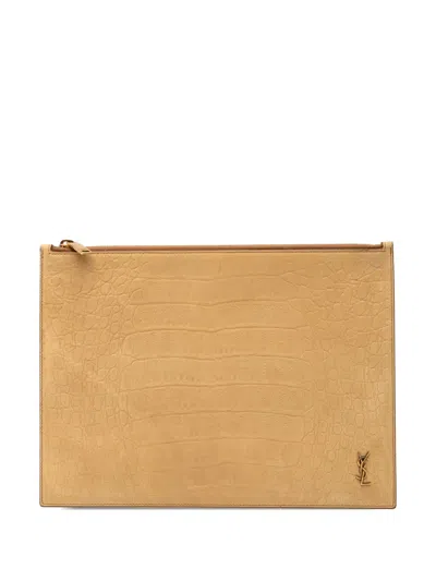 Pre-owned Saint Laurent 2020 Croc Embossed Leather Tiny Monogram Zipped Tablet Holder Clutch Bag In Brown