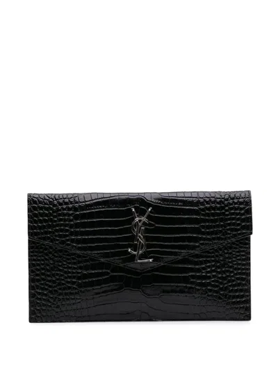 Pre-owned Saint Laurent 2020 Croc Embossed Patent Leather Uptown Pouch Clutch Bag In Black