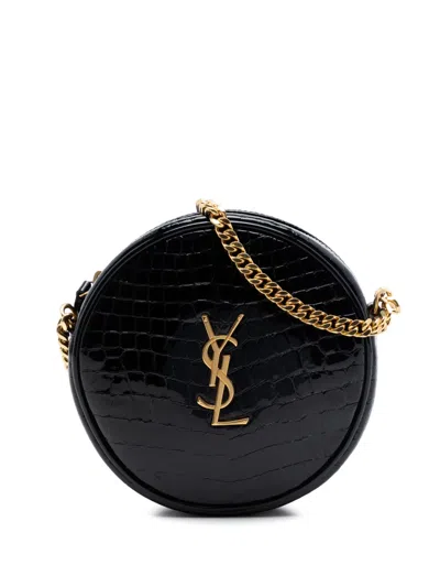Pre-owned Saint Laurent 2020 Croc Embossed Patent Round Vinyle Camera Bag Crossbody Bag In Black