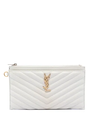 Pre-owned Saint Laurent 2020 Grain De Poudre Chevron Monogram Clutch Bag In White