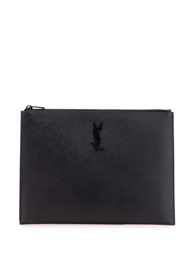 Pre-owned Saint Laurent 2020 Grain De Poudre Monogram Monochrome Ipad Case Clutch Bag In Black