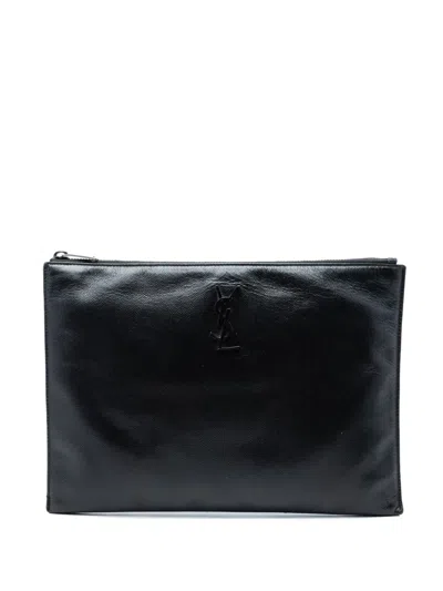 Pre-owned Saint Laurent 2020 Grain De Poudre Monogram Monochrome Ipad Case Clutch Bag In Black