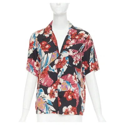 Pre-owned Saint Laurent 2020 Hibiscus Hawaiian Print Heavy Washed Lyocell Casualcamp Shirt In Gray
