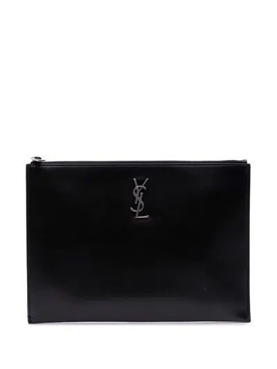 Pre-owned Saint Laurent 2020 Leather Monogram Ipad Case Clutch Bag In Black