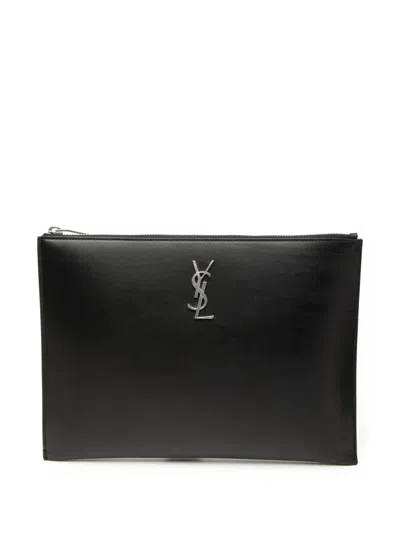 Pre-owned Saint Laurent 2020 Leather Monogram Ipad Case Clutch Bag In Black