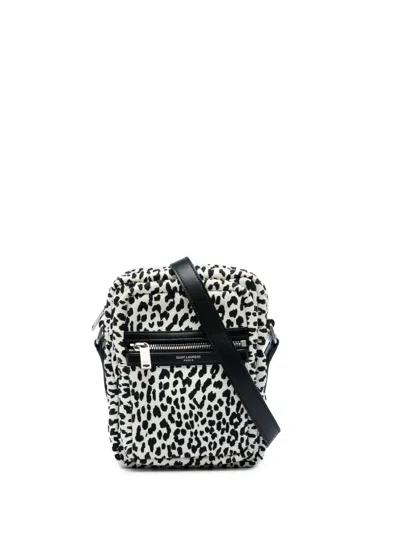 Pre-owned Saint Laurent 2020 Leopard Print Canvas Sid Messenger Bag Crossbody Bag In White