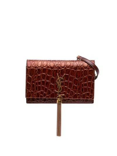 Pre-owned Saint Laurent 2020 Lizard Embossed Monogram Kate Tassel Wallet On Chain Crossbody Bag In Brown