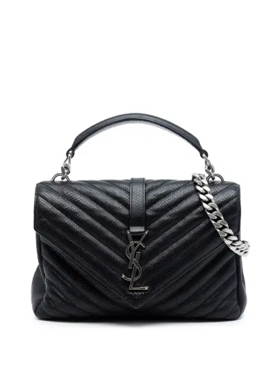Pre-owned Saint Laurent 2020 Medium Chevron Embossed Leather Monogram College Satchel In Black